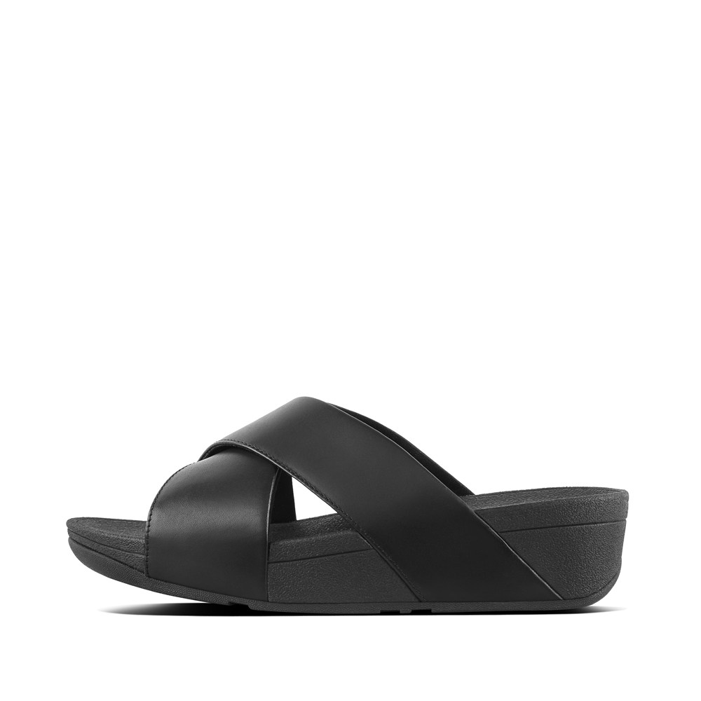 Fitflop Womens Slides - Lulu Leather Cross - Black - 835-YLQOKJ